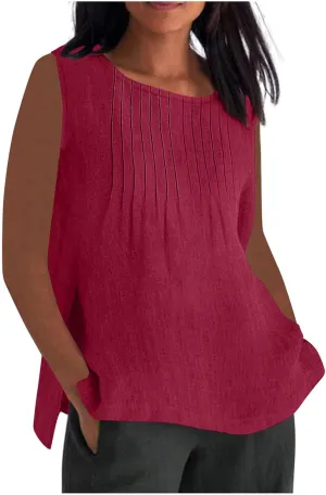 Crew Neck Linen Vest for Women Fall Summer Sleeveless Loose Fit Pleated Cami Tank Basic Tops Vests Women 2025