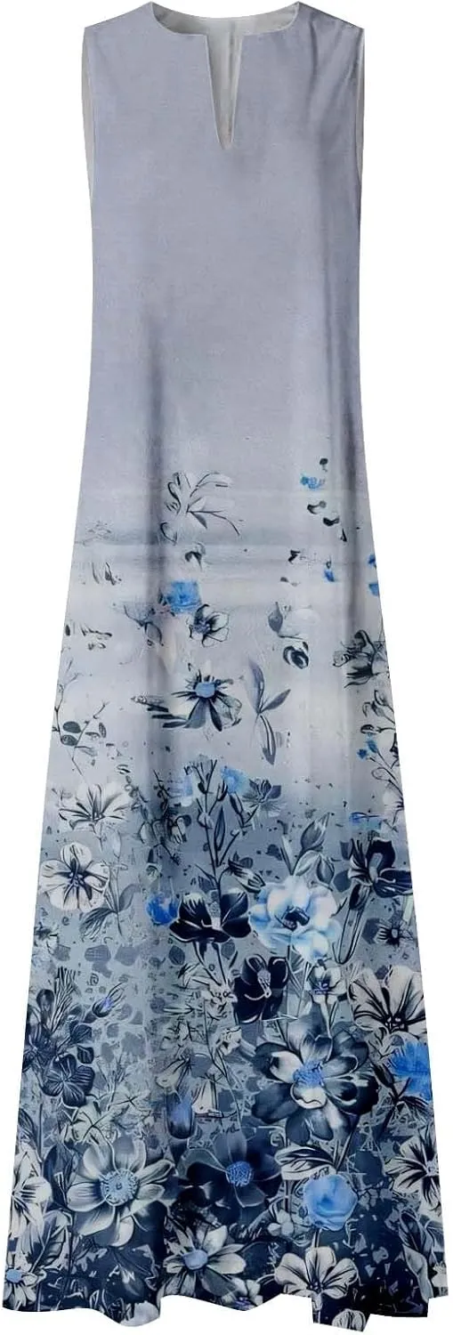 CRNTCEM Floral Maxi Dress for Women Sleeveless Wedding Guest Long Dresses V Neck Elegant Outdoor Beach Travel Dresses
