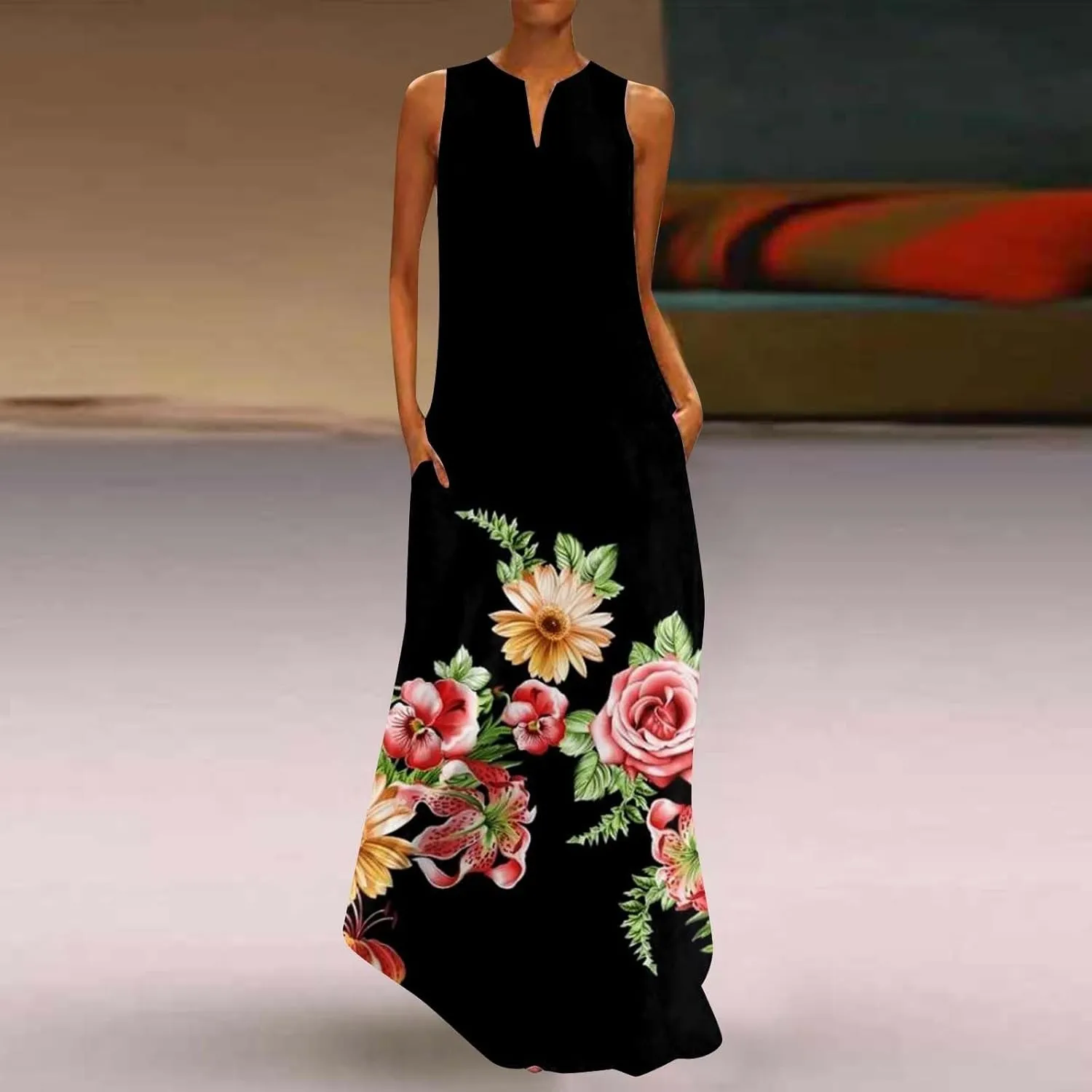 CRNTCEM Floral Maxi Dress for Women Sleeveless Wedding Guest Long Dresses V Neck Elegant Outdoor Beach Travel Dresses
