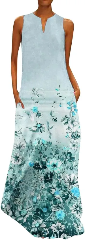 CRNTCEM Floral Maxi Dress for Women Sleeveless Wedding Guest Long Dresses V Neck Elegant Outdoor Beach Travel Dresses
