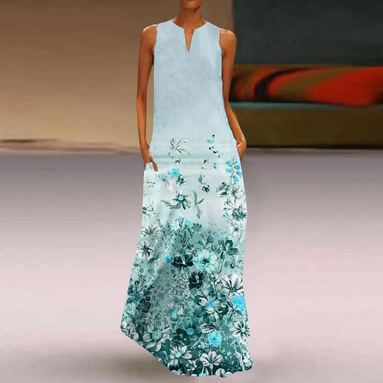 CRNTCEM Floral Maxi Dress for Women Sleeveless Wedding Guest Long Dresses V Neck Elegant Outdoor Beach Travel Dresses