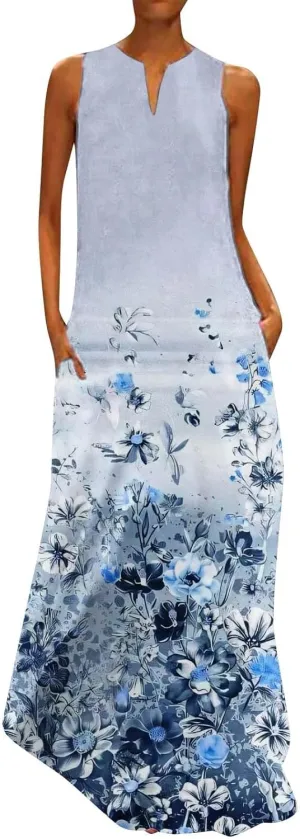 CRNTCEM Floral Maxi Dress for Women Sleeveless Wedding Guest Long Dresses V Neck Elegant Outdoor Beach Travel Dresses