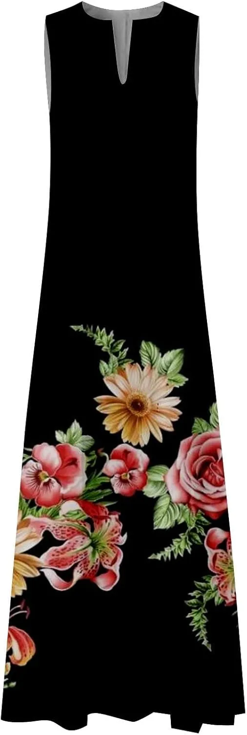 CRNTCEM Floral Maxi Dress for Women Sleeveless Wedding Guest Long Dresses V Neck Elegant Outdoor Beach Travel Dresses