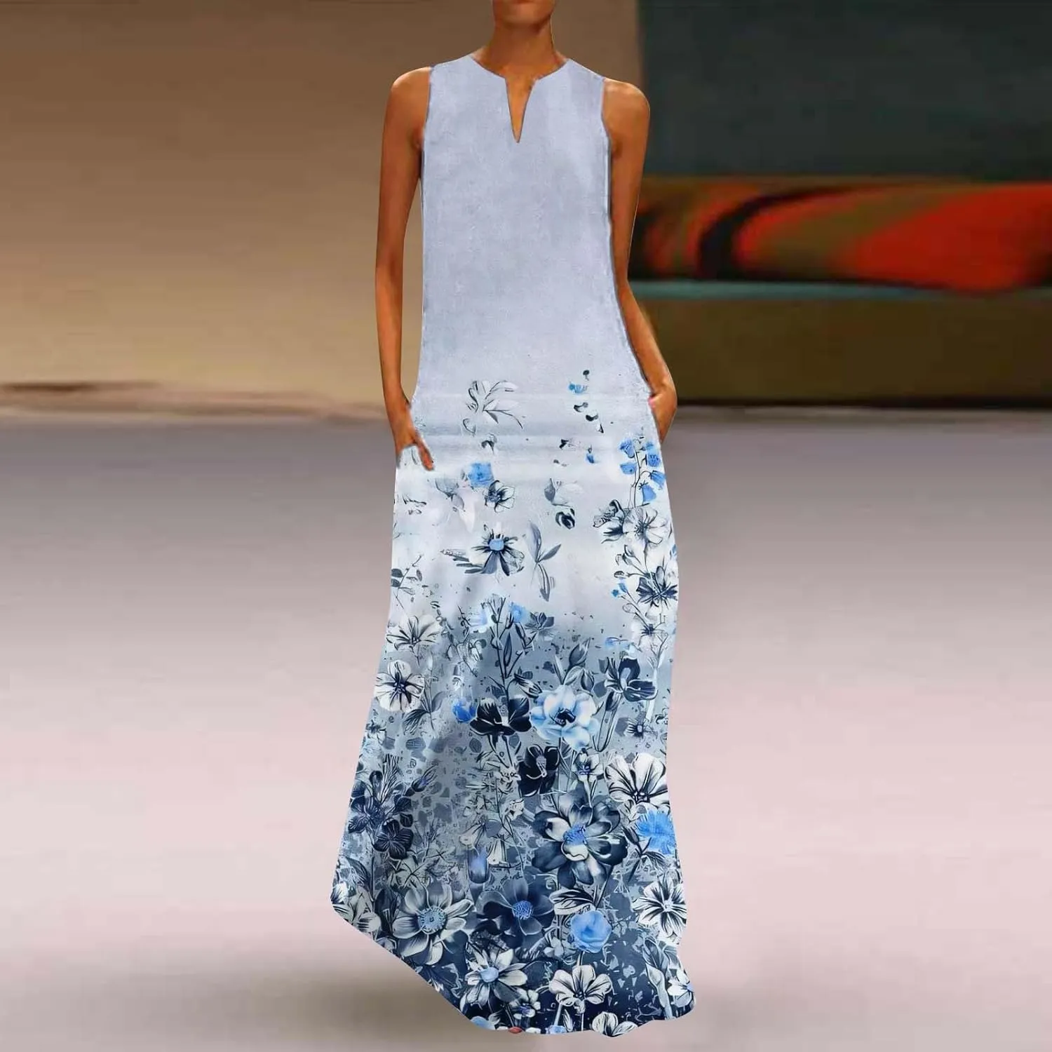 CRNTCEM Floral Maxi Dress for Women Sleeveless Wedding Guest Long Dresses V Neck Elegant Outdoor Beach Travel Dresses