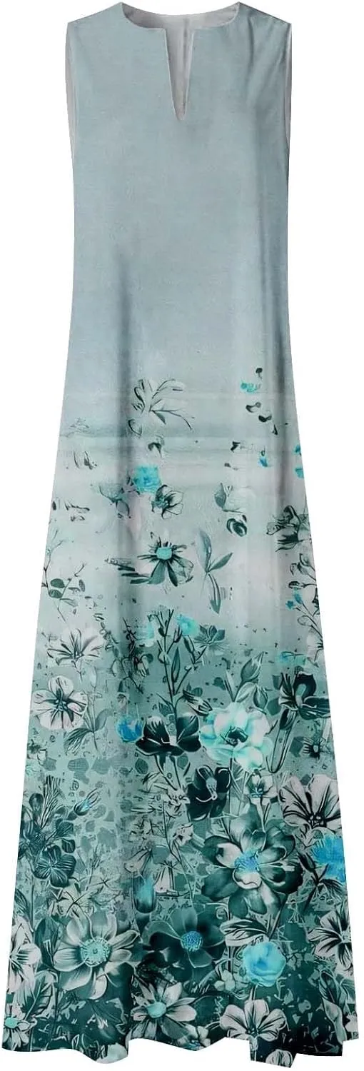 CRNTCEM Floral Maxi Dress for Women Sleeveless Wedding Guest Long Dresses V Neck Elegant Outdoor Beach Travel Dresses