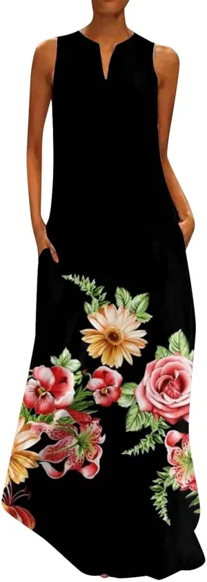 CRNTCEM Floral Maxi Dress for Women Sleeveless Wedding Guest Long Dresses V Neck Elegant Outdoor Beach Travel Dresses