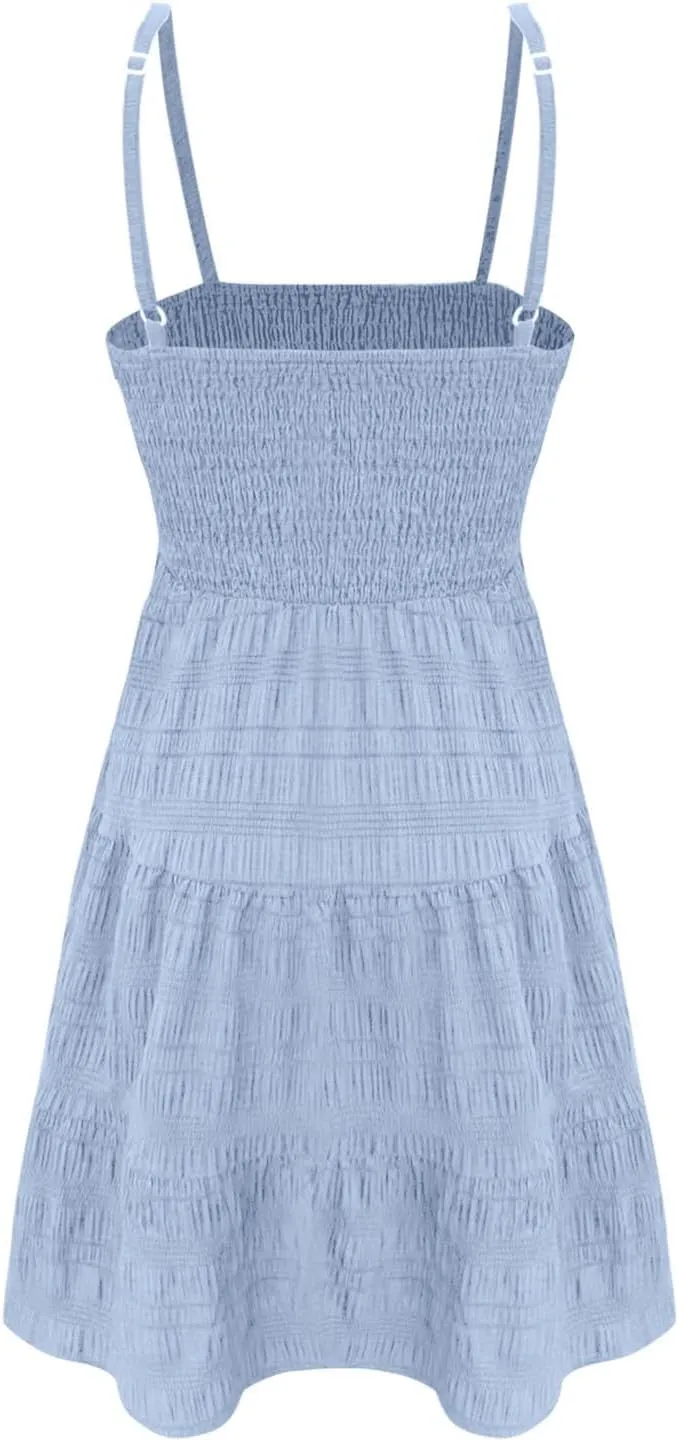 CRNTCEM Women's 2024 Summer Swing Mini Dress Smocked Backless Flowy A Line Sundress Sleeveless Party Swing Mini Dress