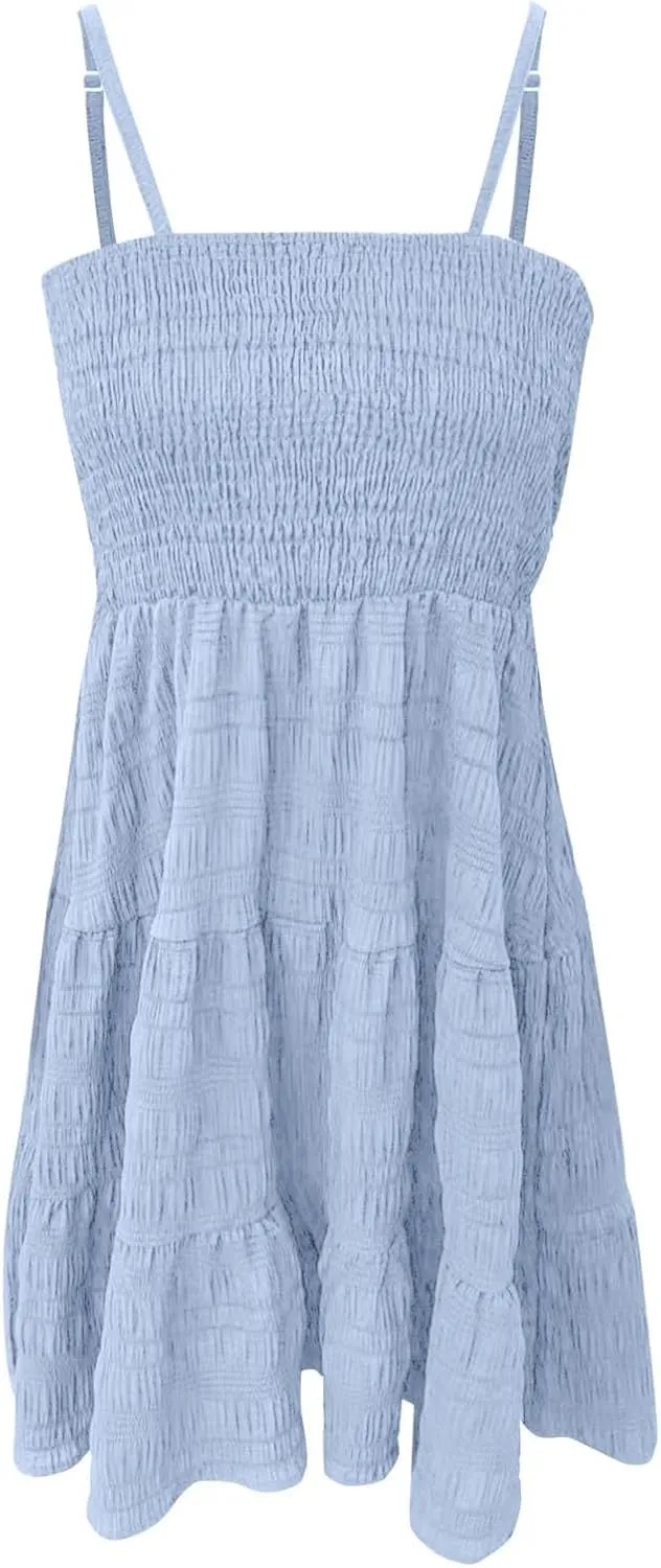 CRNTCEM Women's 2024 Summer Swing Mini Dress Smocked Backless Flowy A Line Sundress Sleeveless Party Swing Mini Dress