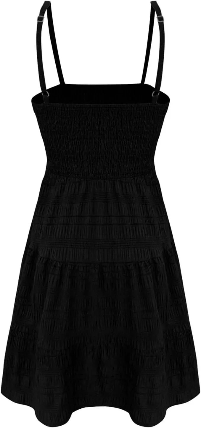 CRNTCEM Women's 2024 Summer Swing Mini Dress Smocked Backless Flowy A Line Sundress Sleeveless Party Swing Mini Dress