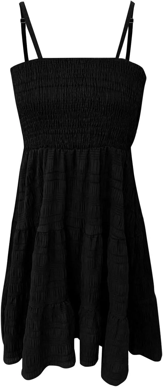 CRNTCEM Women's 2024 Summer Swing Mini Dress Smocked Backless Flowy A Line Sundress Sleeveless Party Swing Mini Dress