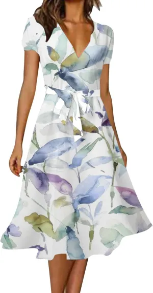CRNTCEM Womens Floral Printed Maxi Dress Summer Long Flowy Beach Party Dresses V Neck Short Sleeve Ruffle Hem Casual Dress