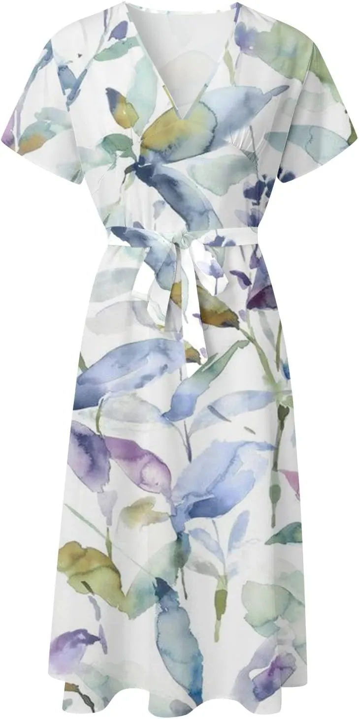 CRNTCEM Womens Floral Printed Maxi Dress Summer Long Flowy Beach Party Dresses V Neck Short Sleeve Ruffle Hem Casual Dress