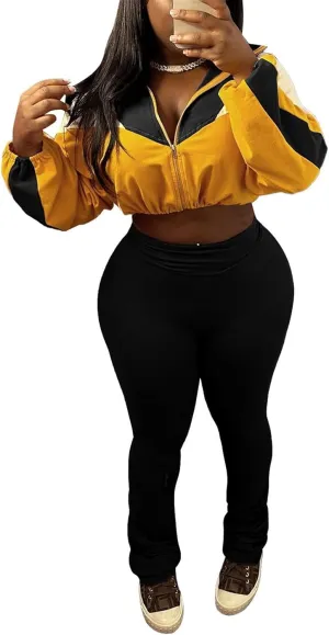 cu4eve Fall Two Piece Sets For Women 2024 Work Out Sets Gym Zip Up Cropped Jacket And Yoga Sweat Pants Track Suits