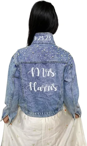 Custom Denim Jacket with Pearls Future Mrs. Customized Bridal Jacket, Wedding Jackets, Wifey Jacket
