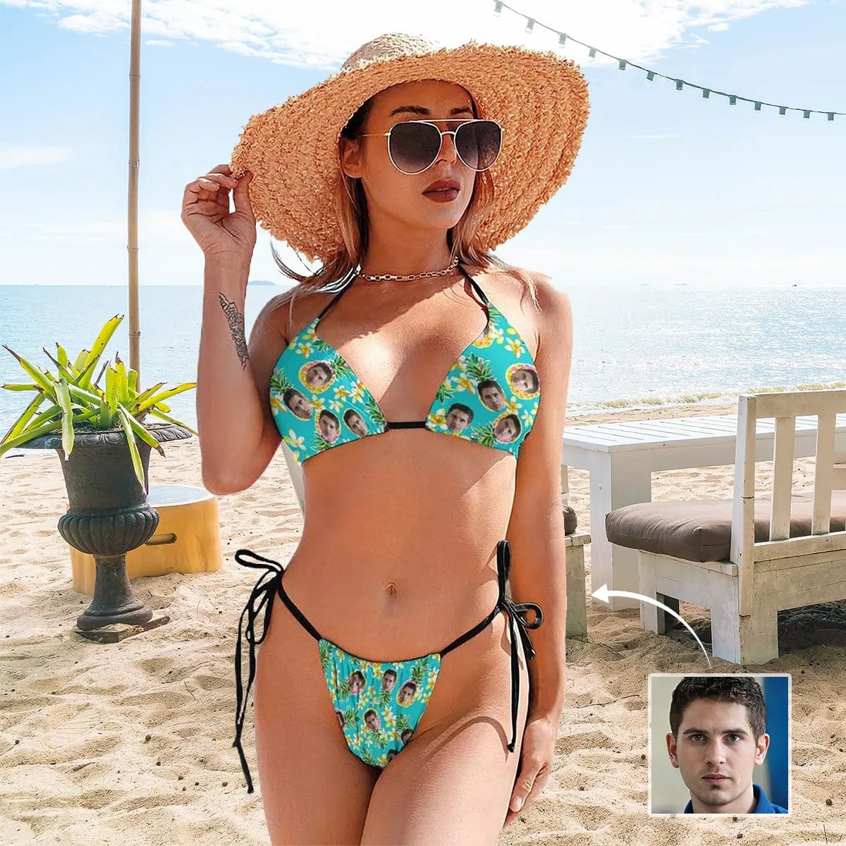 Custom Face Pineapple Swim Bikini & Coverup Personalized Bathing Suit And Short Sarongs Beach Wrap For Women