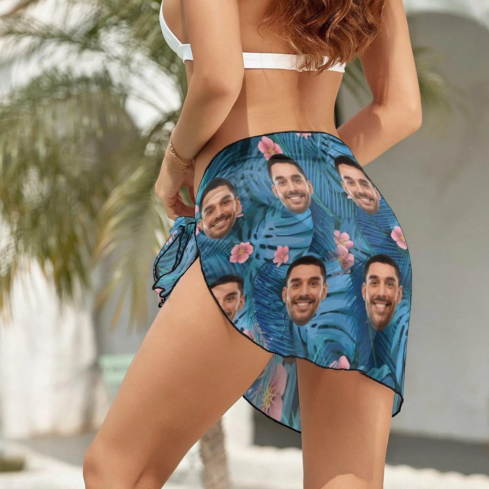 Custom Face Tropical Plants Swim Bikini Coverup Personalised Short Sarongs Beach Wrap For Women Girls