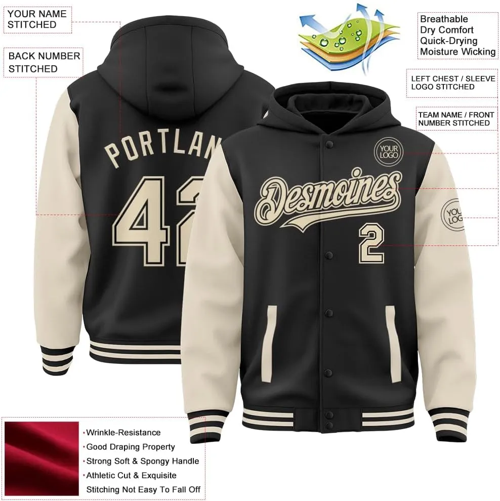 Custom Varsity Hoodie Jackets Cotton Blend Letterman Baseball Leather & Polyester Sleeve Jacket Full Snap Coats