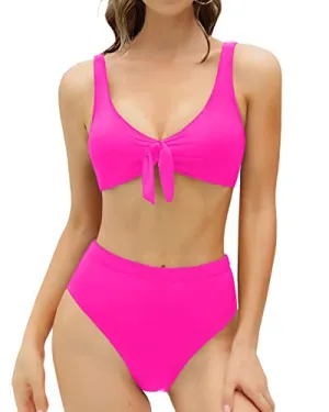 Cute Women's High Waisted Bikini Set Knot Front Bathing Suit For Teens-Neon Pink