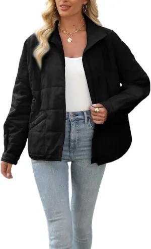 D-Sun Womens Quilted Jacket Lightweight Down Oversized Zipper Long Sleeve Puffer Jacket Winter Coat