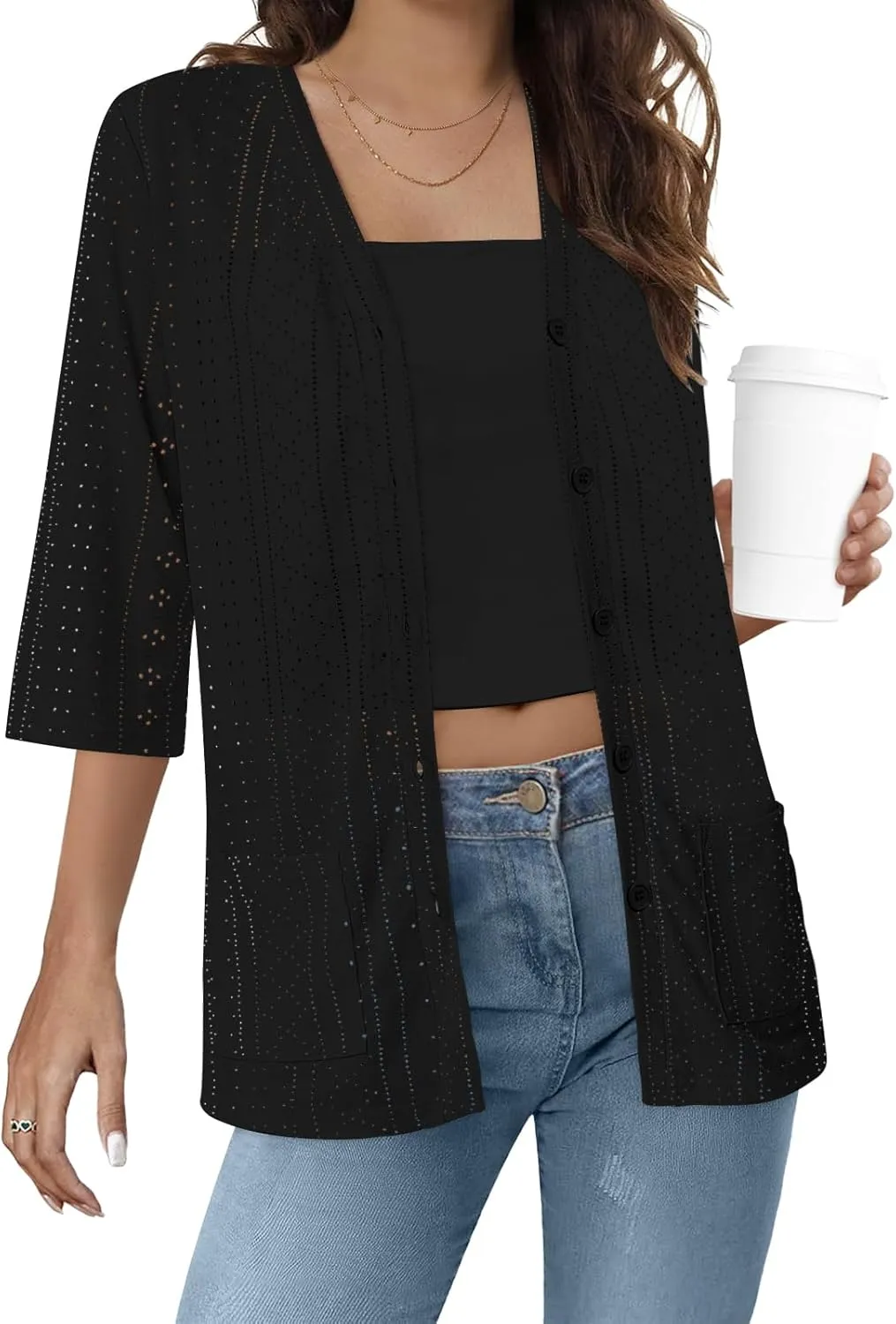 DB MOON Womens Summer Lightweight Cardigan 3/4 Sleeve Shrugs Light Weight Spring Open Front Sweaters with Pockets
