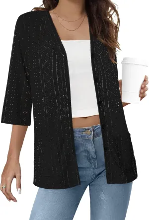 DB MOON Womens Summer Lightweight Cardigan 3/4 Sleeve Shrugs Light Weight Spring Open Front Sweaters with Pockets