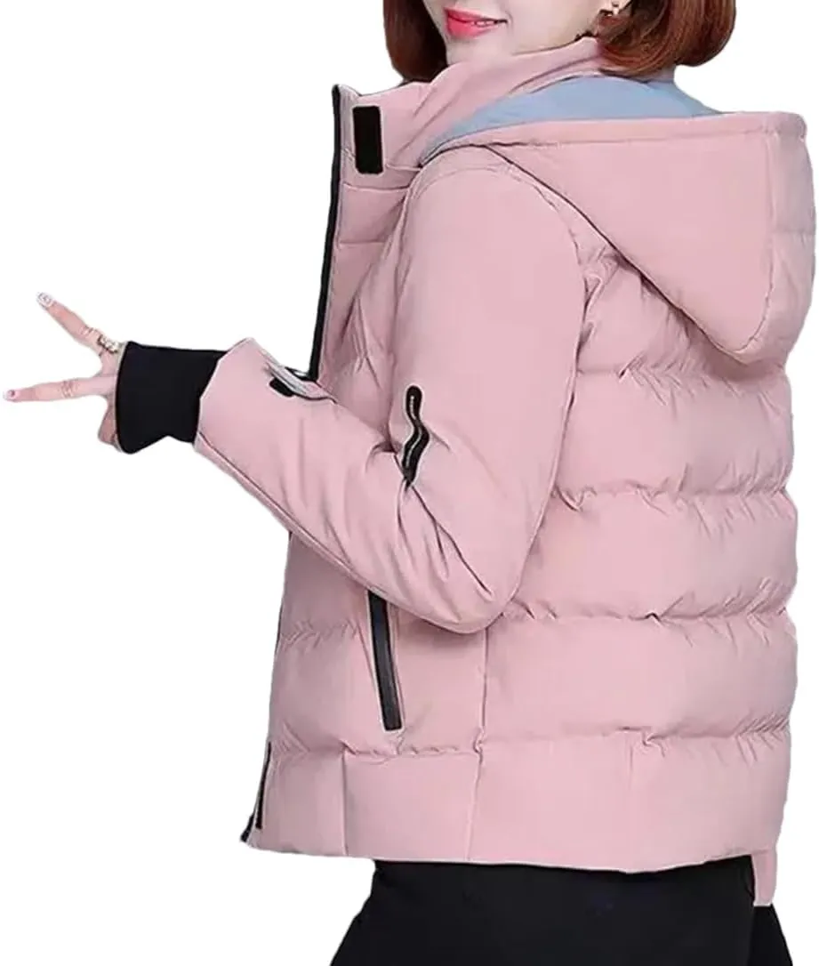 DBFBDTU Women Hooded Down Cotton Jacket Short Padded Jackets Zipper Overcoat Parka Outwear Female Coat