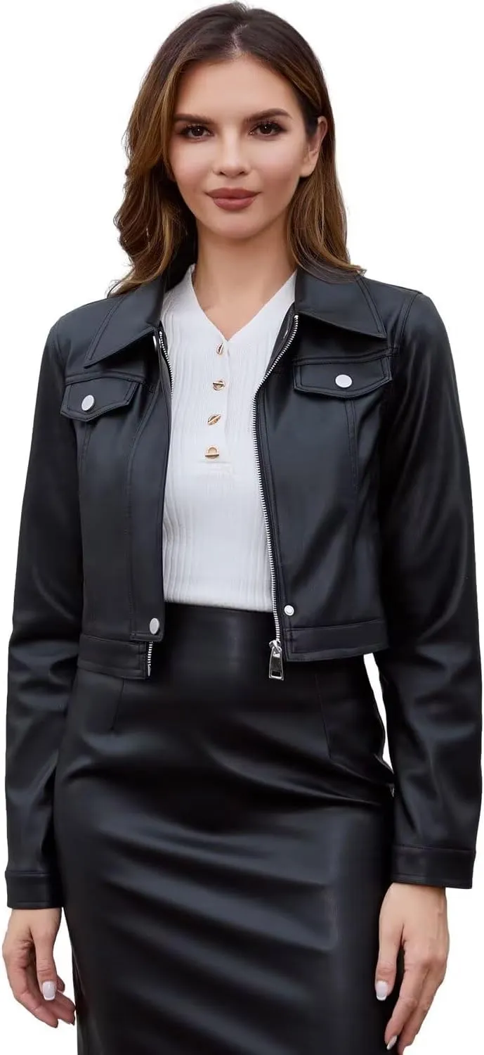 DIASHINY Faux Leather Jacket For Women, Zip Up Moto Biker Coat, Short PU Motorcycle Outwear