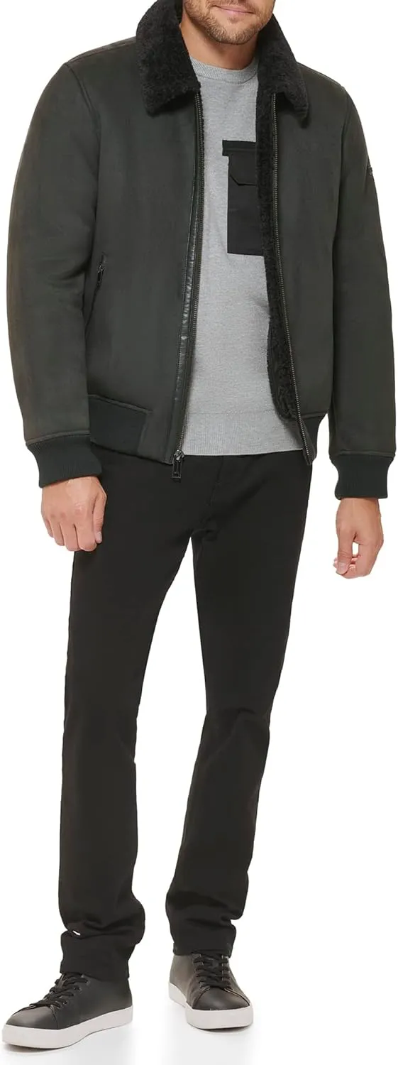 DKNY Men's Shearling Bomber Jacket with Faux Fur Collar