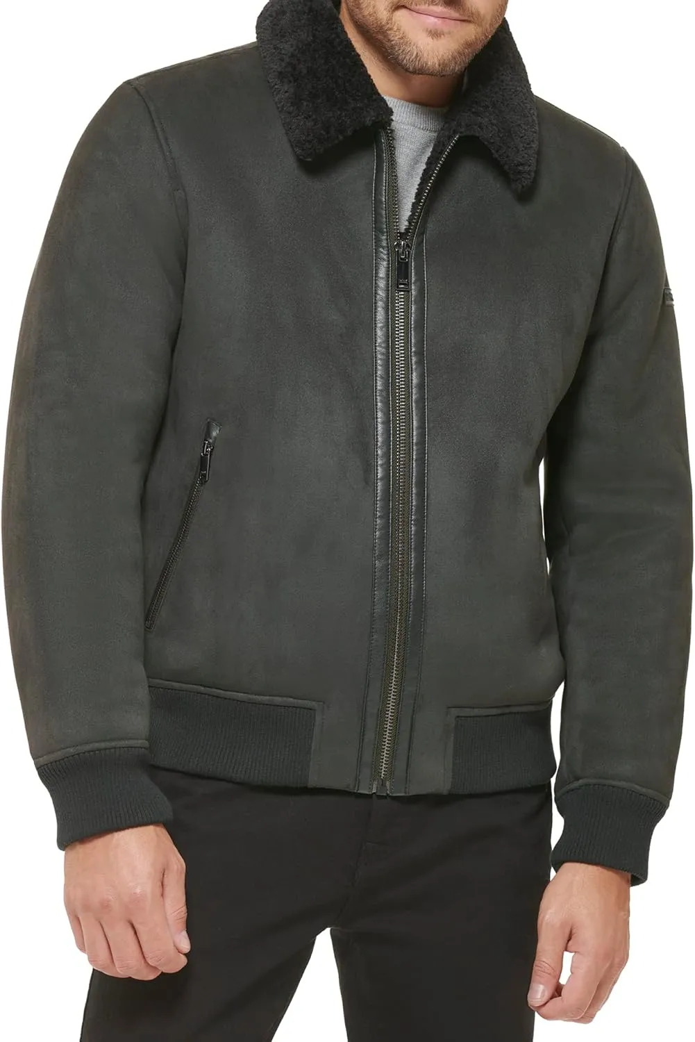 DKNY Men's Shearling Bomber Jacket with Faux Fur Collar