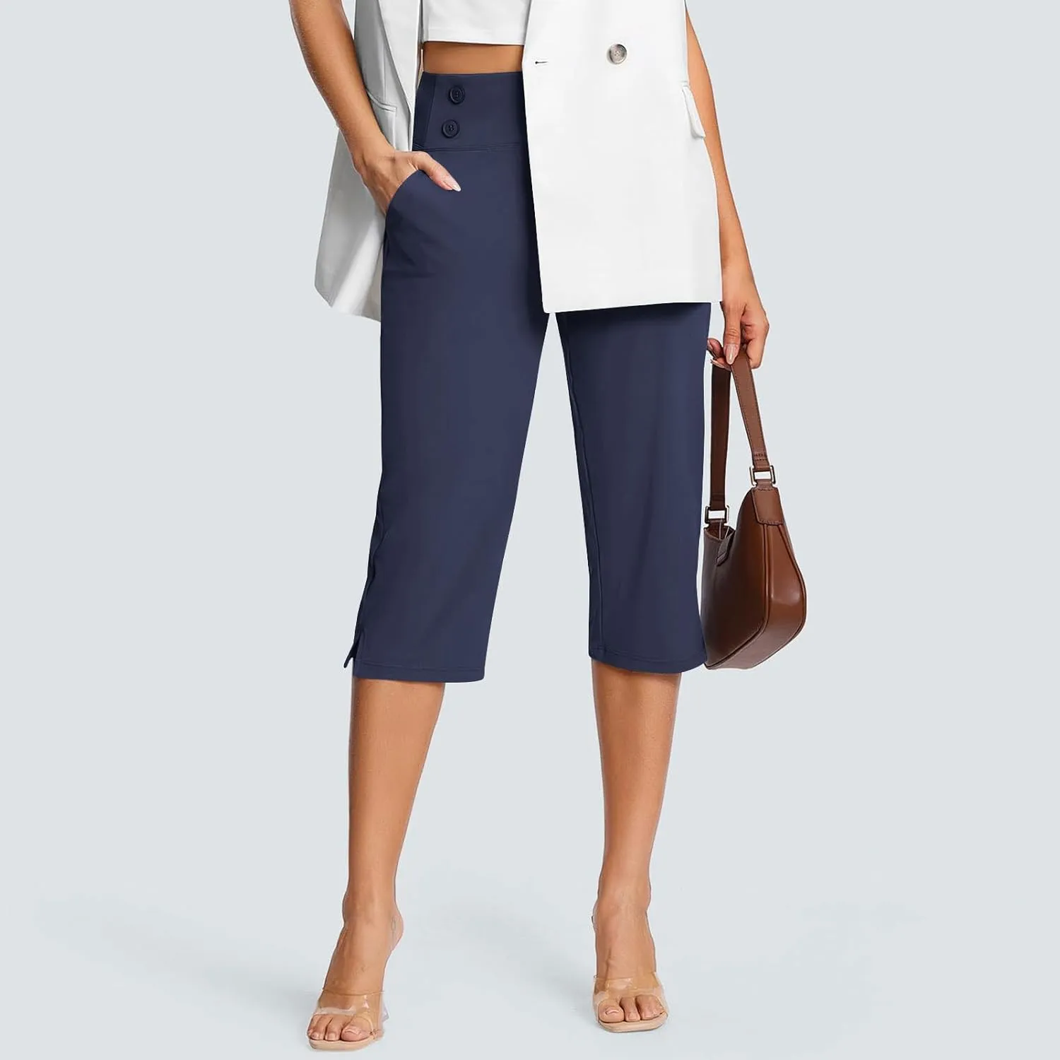 Dressy Capri Pants for Women High Waist Stretch Office Work Crop Pant Soft Dress Suit Pants Yoga Slacks with Pocket