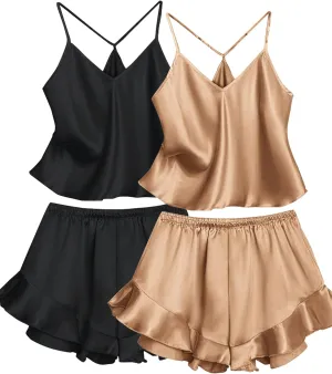 Ekouaer 2 Pieces Silk Pajamas Sets for Women Ruffle Pajama Shorts Sets Camisole Lingerie Sleepwear 2 Packs