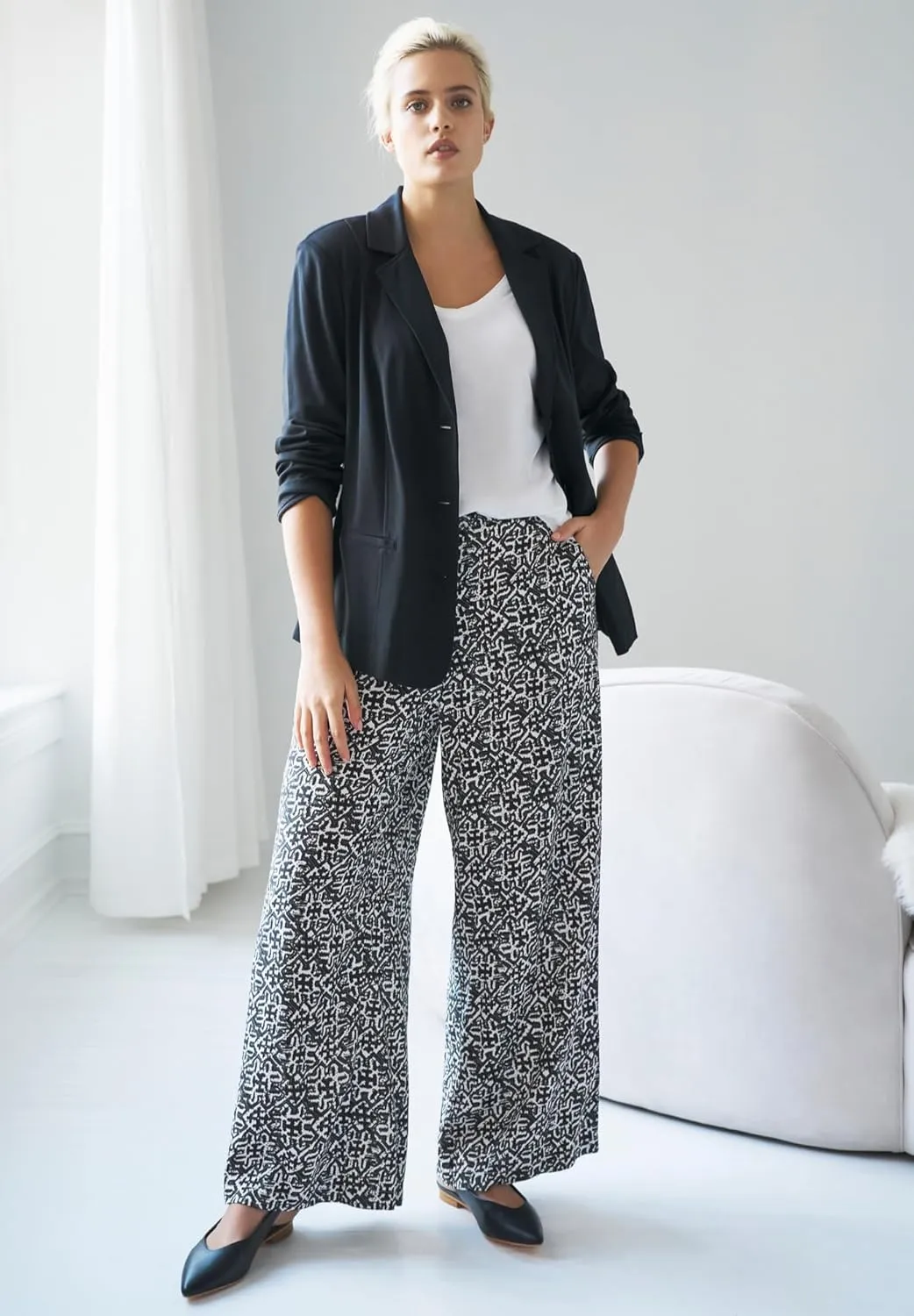 ellos Plus Size Wide-Leg Soft Pants with Back Elastic