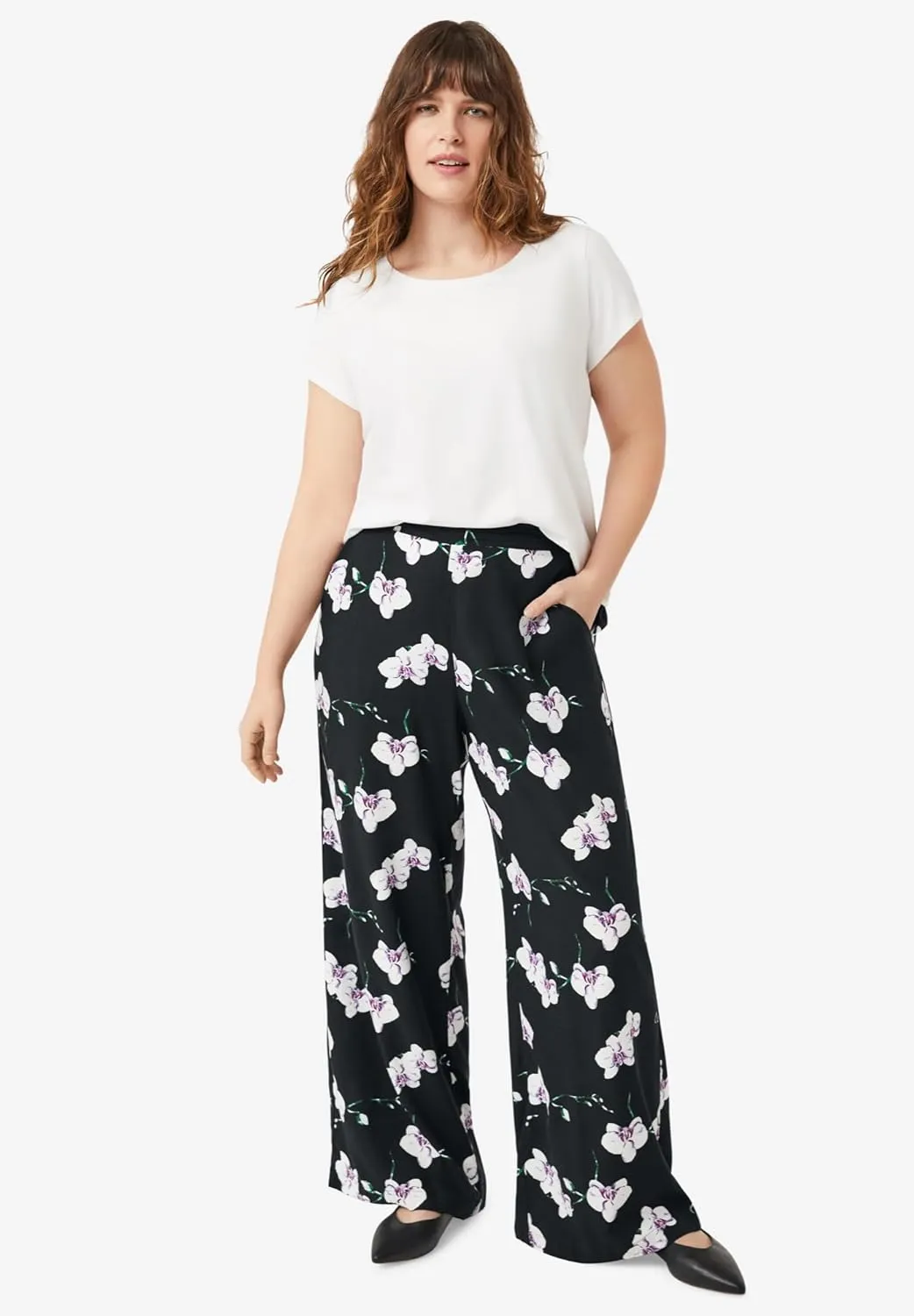 ellos Plus Size Wide-Leg Soft Pants with Back Elastic
