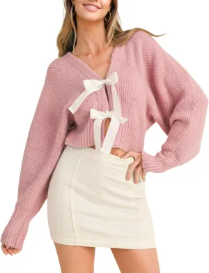 Esmeling Womens Long Sleeve Crop Cardigan Sweaters Chic Loose V Neck Knit Sweater Outerwear with Bow Tie