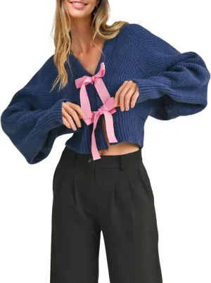 Esmeling Womens Long Sleeve Crop Cardigan Sweaters Chic Loose V Neck Knit Sweater Outerwear with Bow Tie