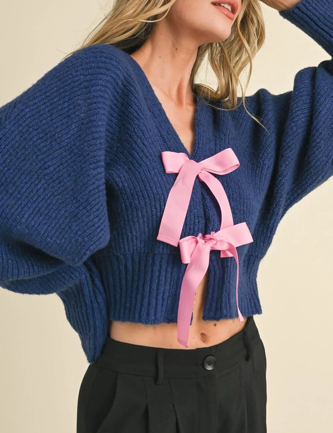 Esmeling Womens Long Sleeve Crop Cardigan Sweaters Chic Loose V Neck Knit Sweater Outerwear with Bow Tie