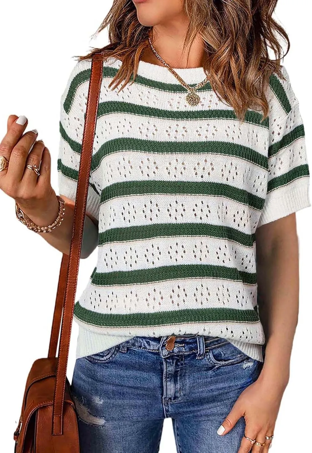EVALESS Womens Short Sleeve Sweater Casual Crewneck Knit Shirt Tops Spring Trendy Striped Color Block Crochet Sweaters