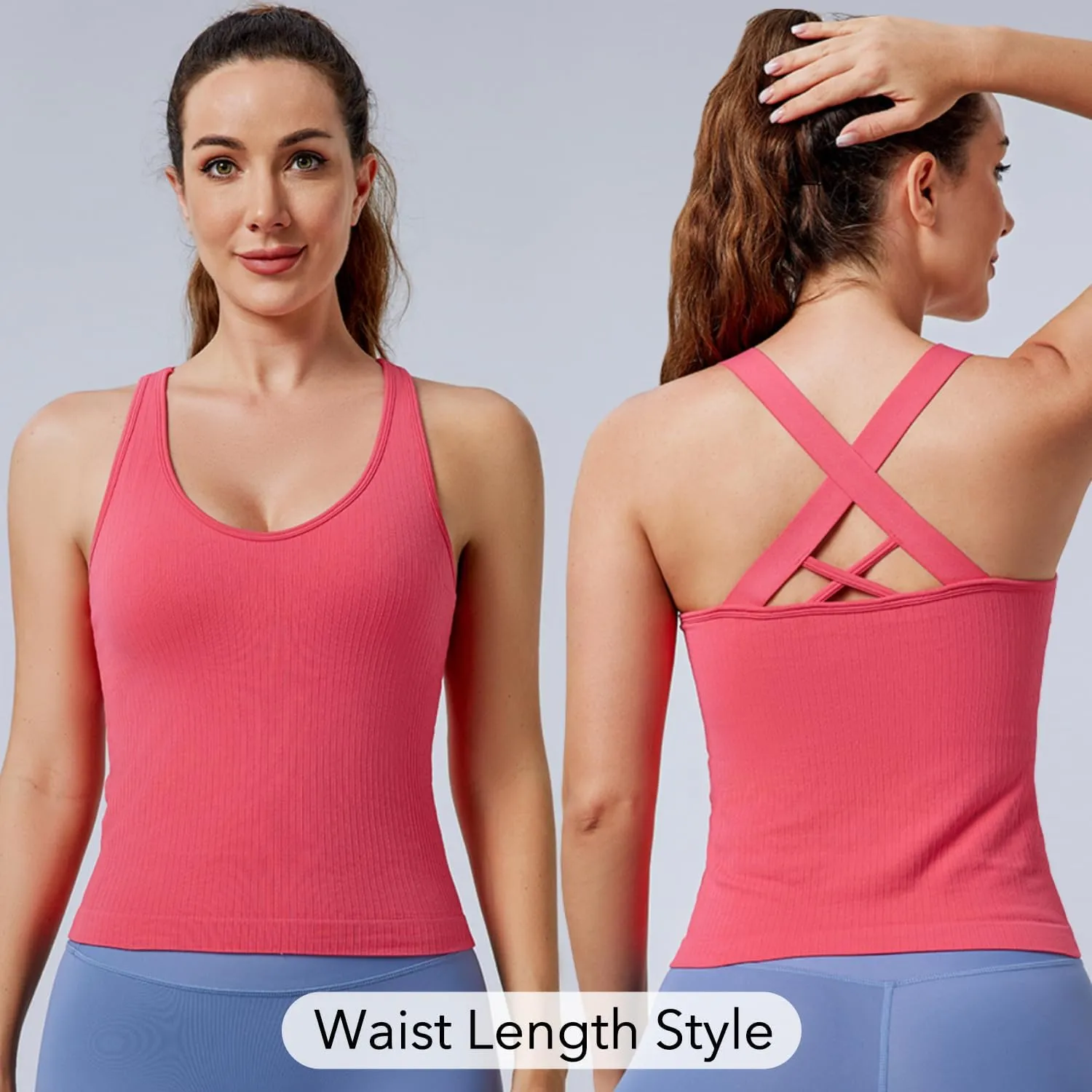 Evercute Workout Yoga Crop Tank Tops for Women 1/2/3 Pack Criss Cross Strappy Tops with Built in Bra Ribbed Seamless Tanks