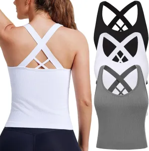 Evercute Workout Yoga Crop Tank Tops for Women 1/2/3 Pack Criss Cross Strappy Tops with Built in Bra Ribbed Seamless Tanks