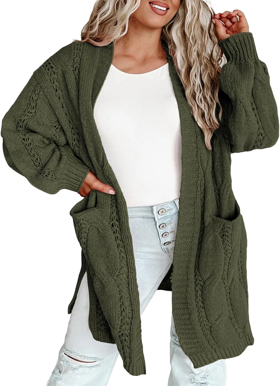 Eytino Plus Size Cardigans for Women Open Front Long Sleeves Lightweight Fall Sweaters with Pockets(1X-5X)