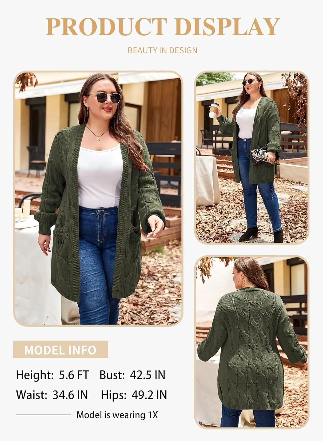 Eytino Plus Size Cardigans for Women Open Front Long Sleeves Lightweight Fall Sweaters with Pockets(1X-5X)