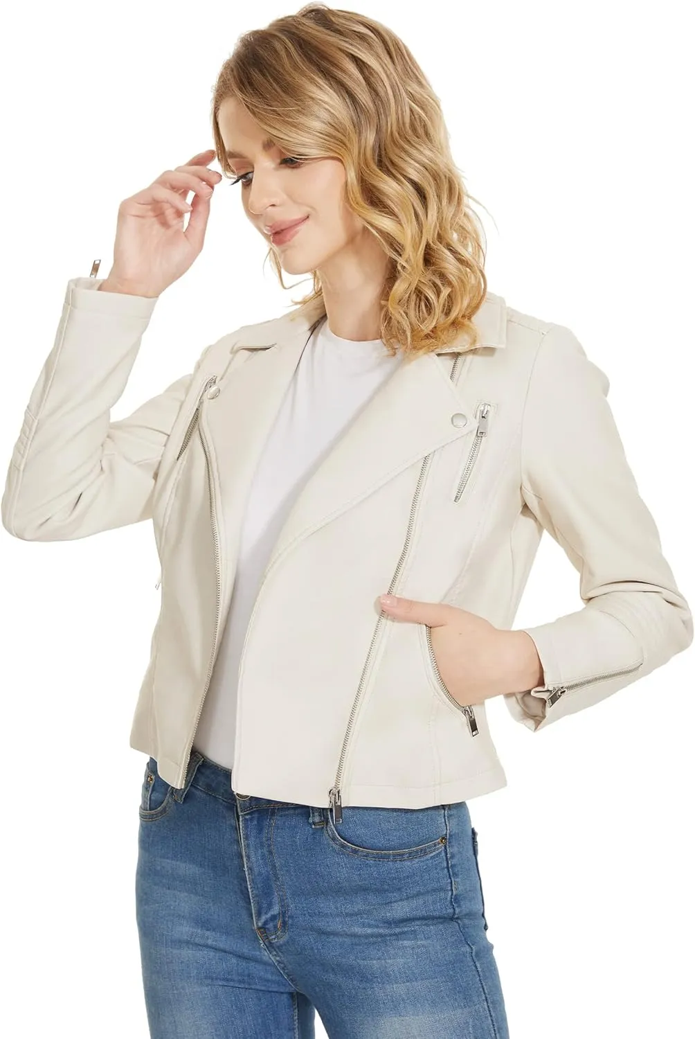 Fahsyee Faux Leather Jacket for Women, Vegan Jackets Moto Biker Motocycle Coat