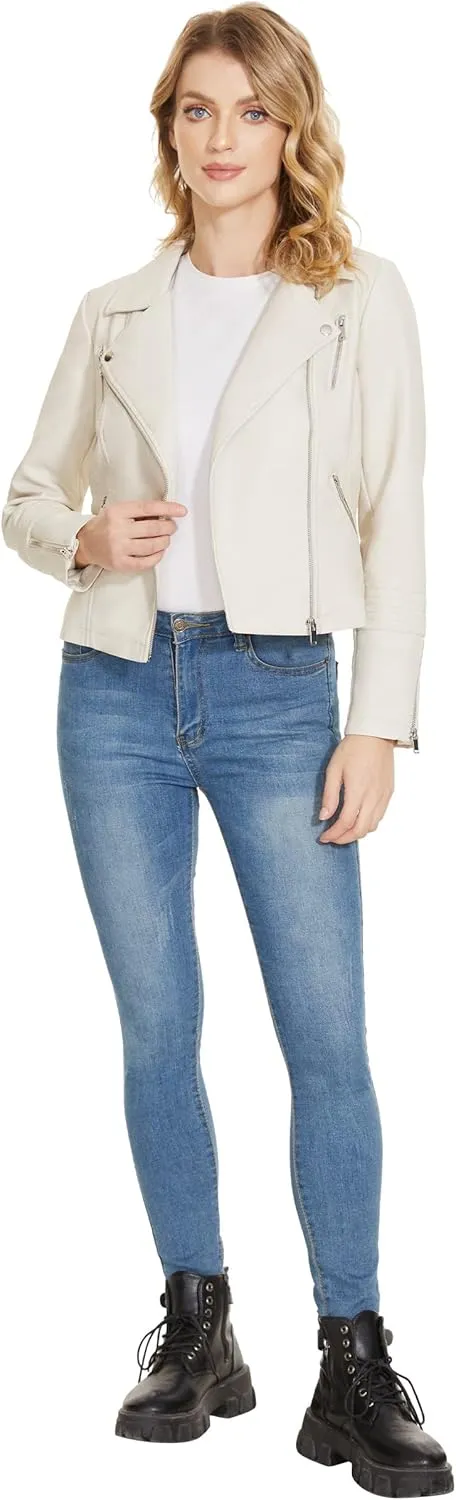 Fahsyee Faux Leather Jacket for Women, Vegan Jackets Moto Biker Motocycle Coat