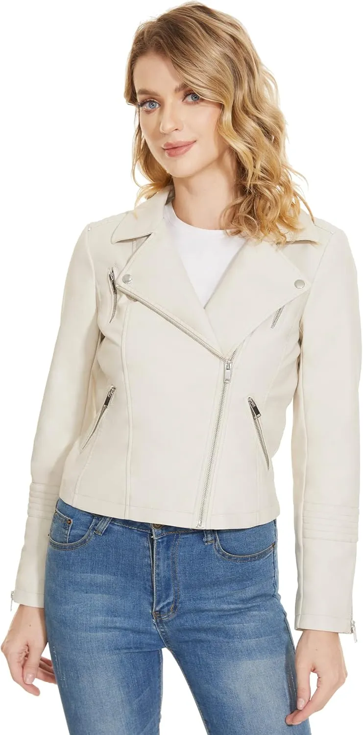 Fahsyee Faux Leather Jacket for Women, Vegan Jackets Moto Biker Motocycle Coat