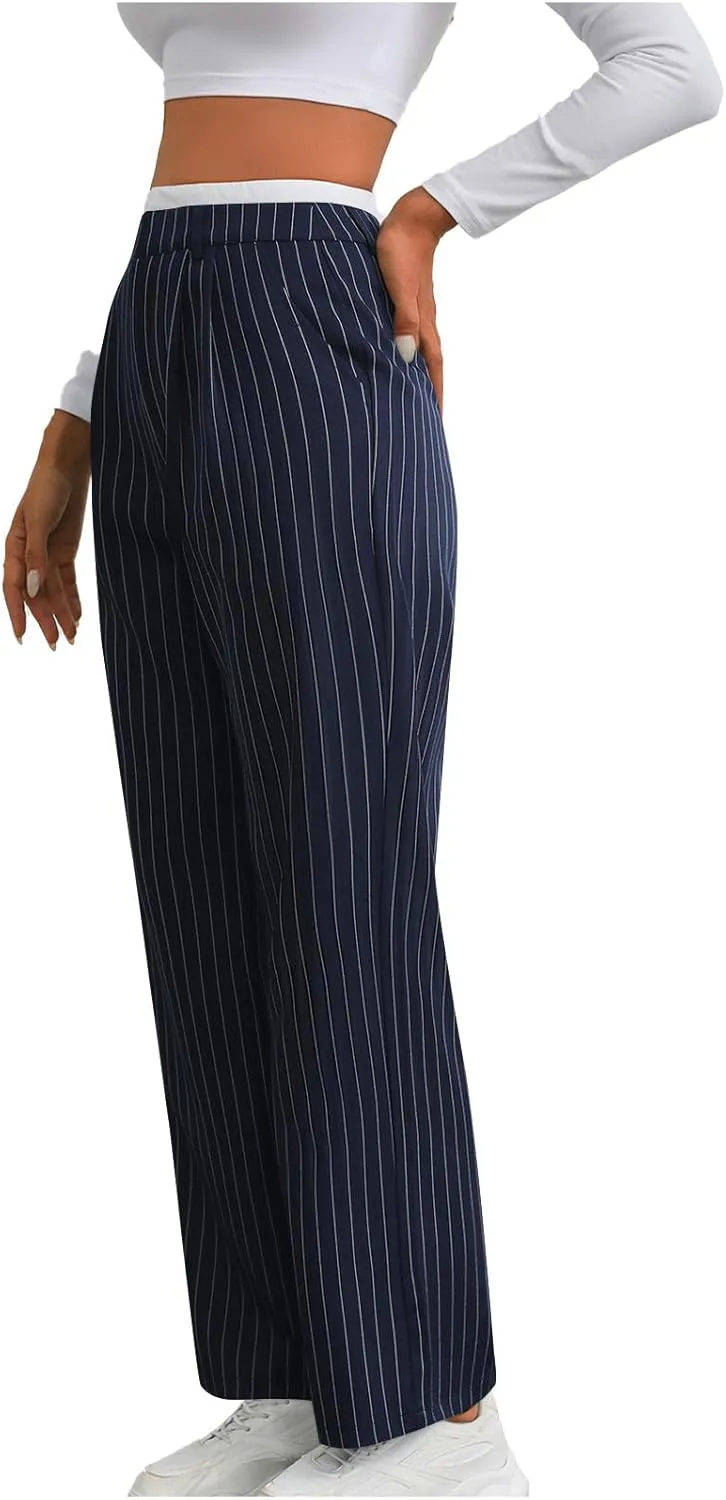 Fall Winter Striped Trousers for Women Casual Comfy Soft Straight Leg Long Pants High Waist Tummy Control Pants 2024
