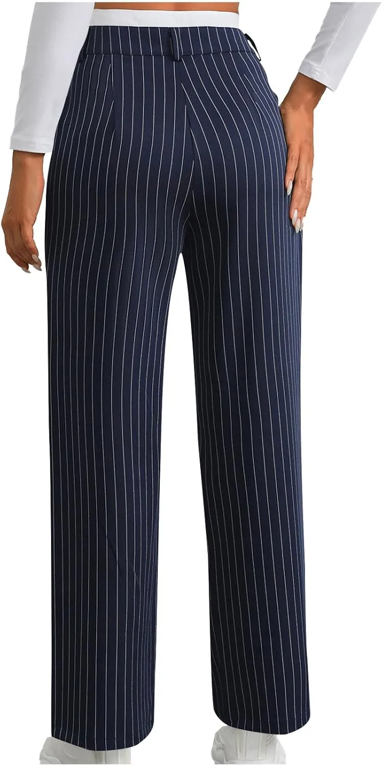 Fall Winter Striped Trousers for Women Casual Comfy Soft Straight Leg Long Pants High Waist Tummy Control Pants 2024