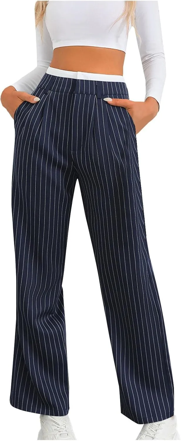Fall Winter Striped Trousers for Women Casual Comfy Soft Straight Leg Long Pants High Waist Tummy Control Pants 2024
