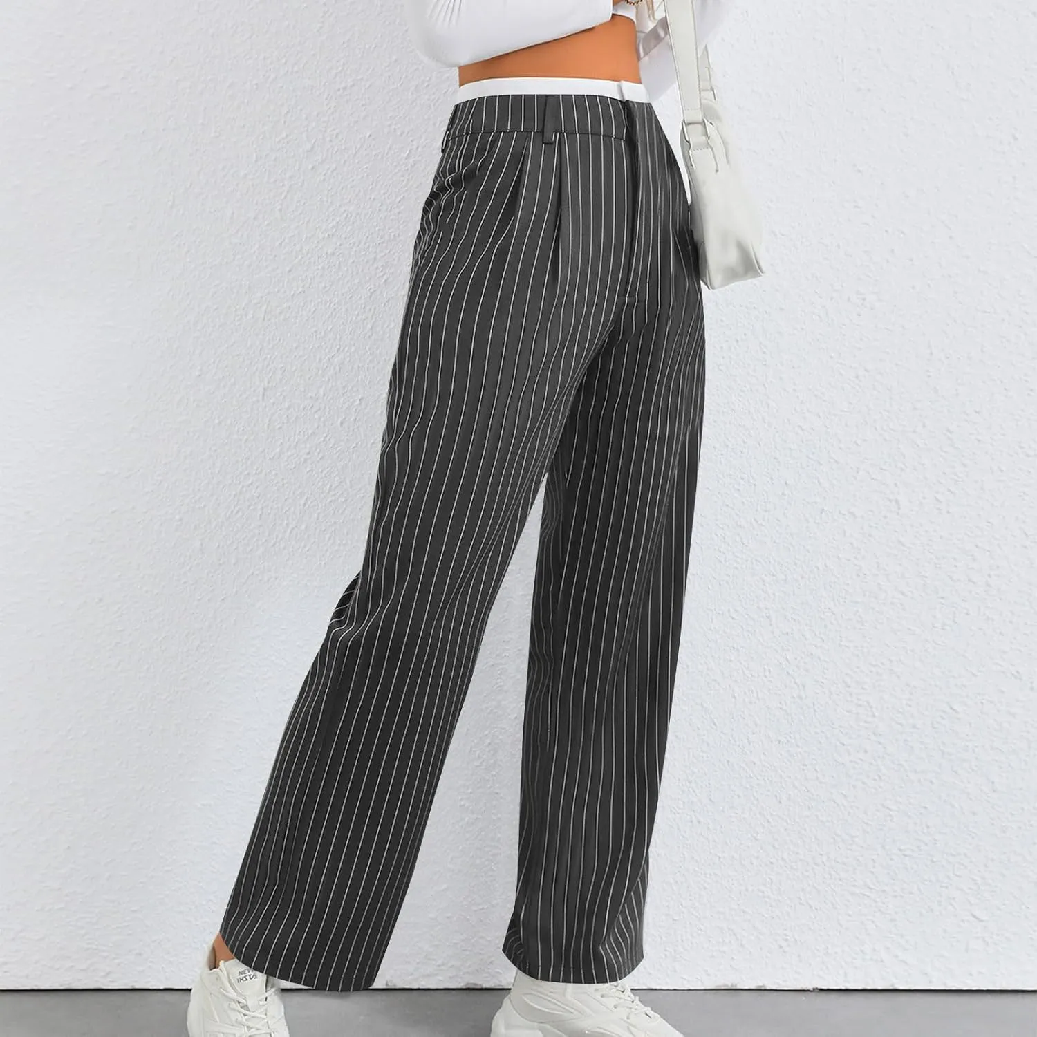 Fall Winter Striped Trousers for Women Casual Comfy Soft Straight Leg Long Pants High Waist Tummy Control Pants 2024