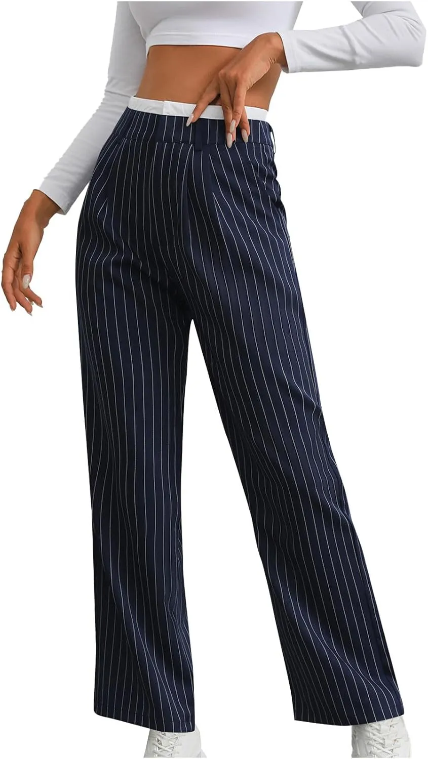 Fall Winter Striped Trousers for Women Casual Comfy Soft Straight Leg Long Pants High Waist Tummy Control Pants 2024