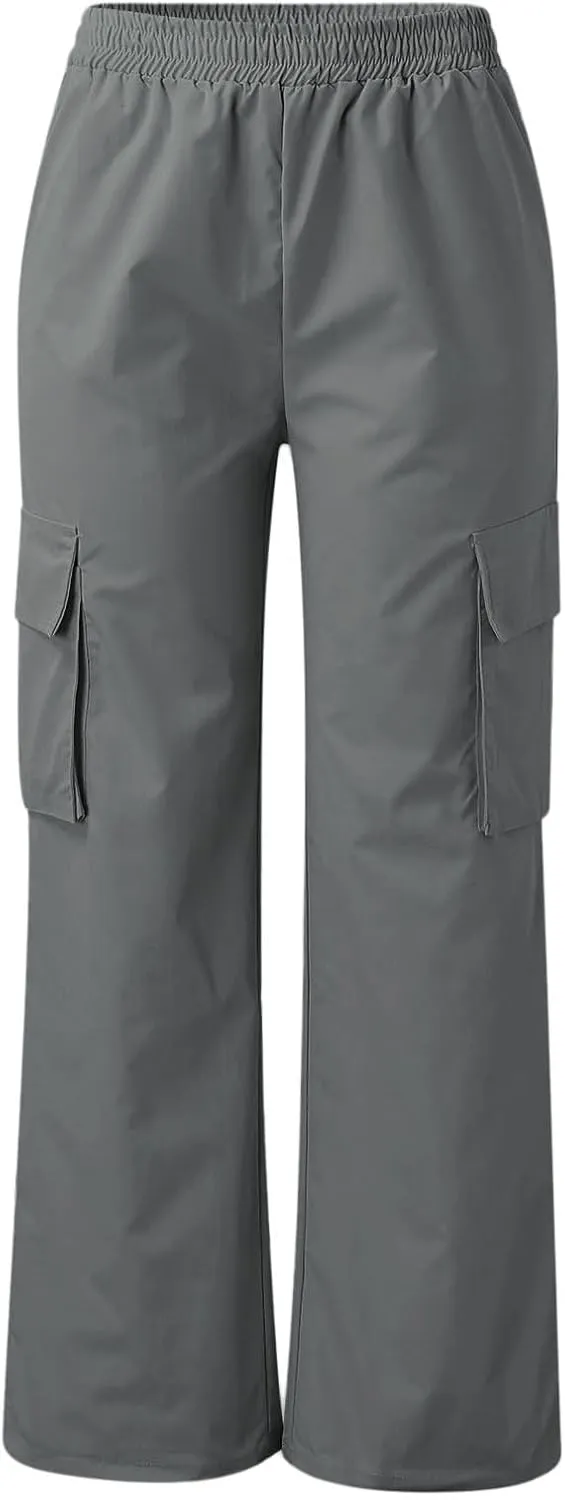 fanmpghleoo Baggy Cargo Pants Women High Waist Elastic Casual Wide Leg Pants Pull On Lightweight Hiking Trousers with Pockets